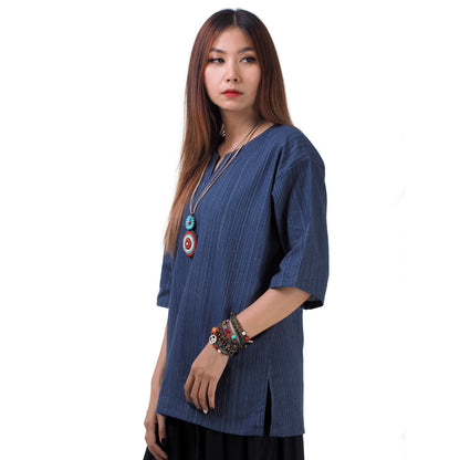 Blaues Thai Fisherman Damenshirt mit Nadelstreifen
