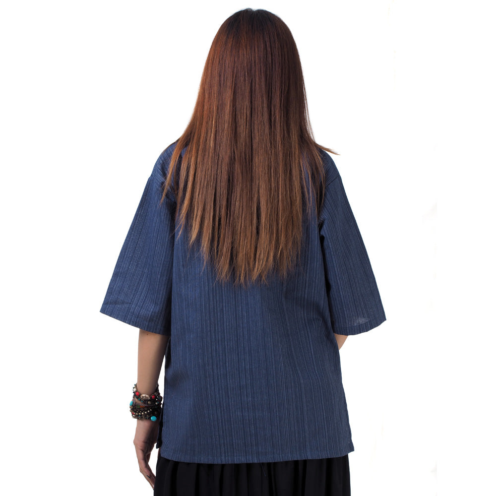 Blaues Thai Fisherman Damenshirt mit Nadelstreifen