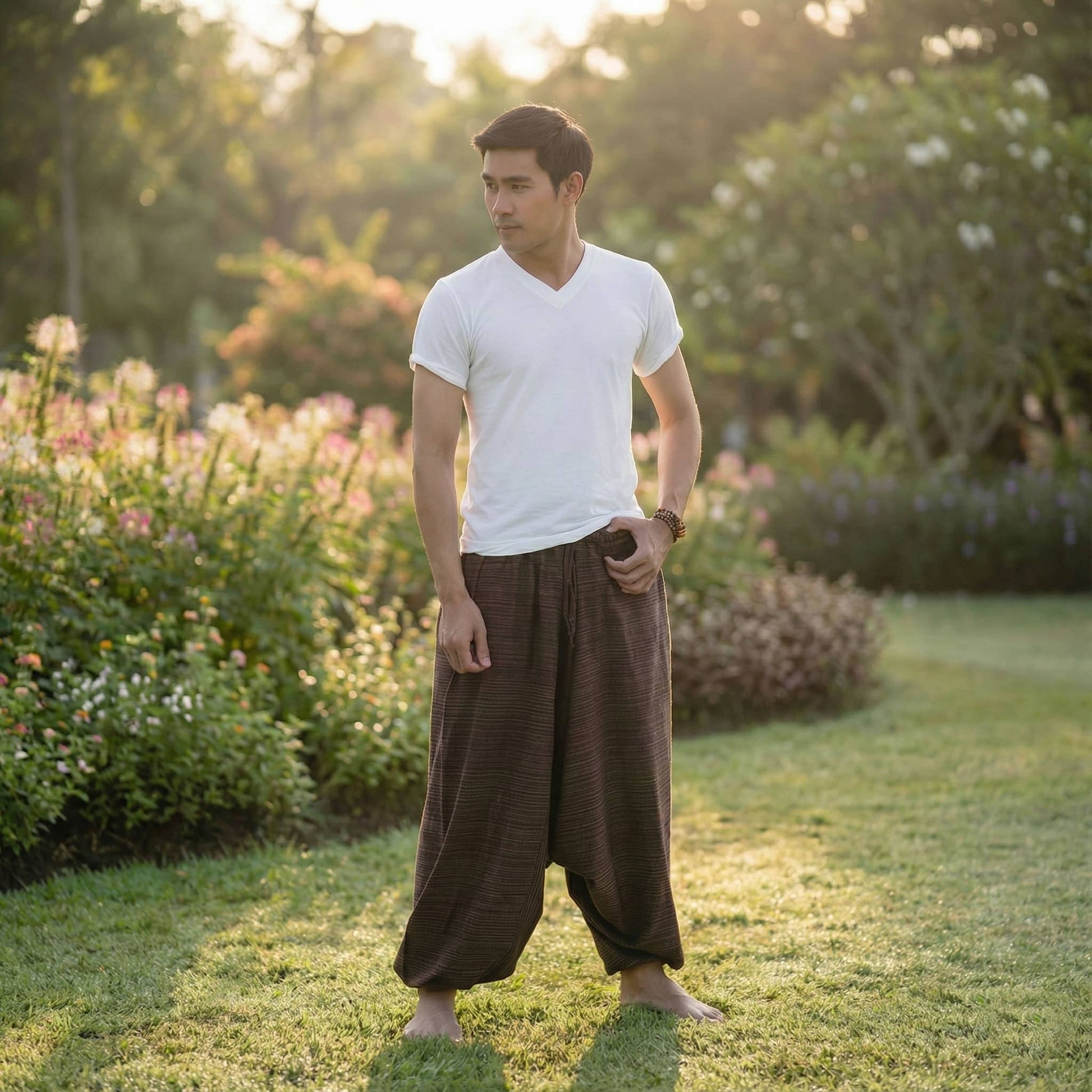 Man in a white shirt and brown Thai harem yoga pants standing in a garden