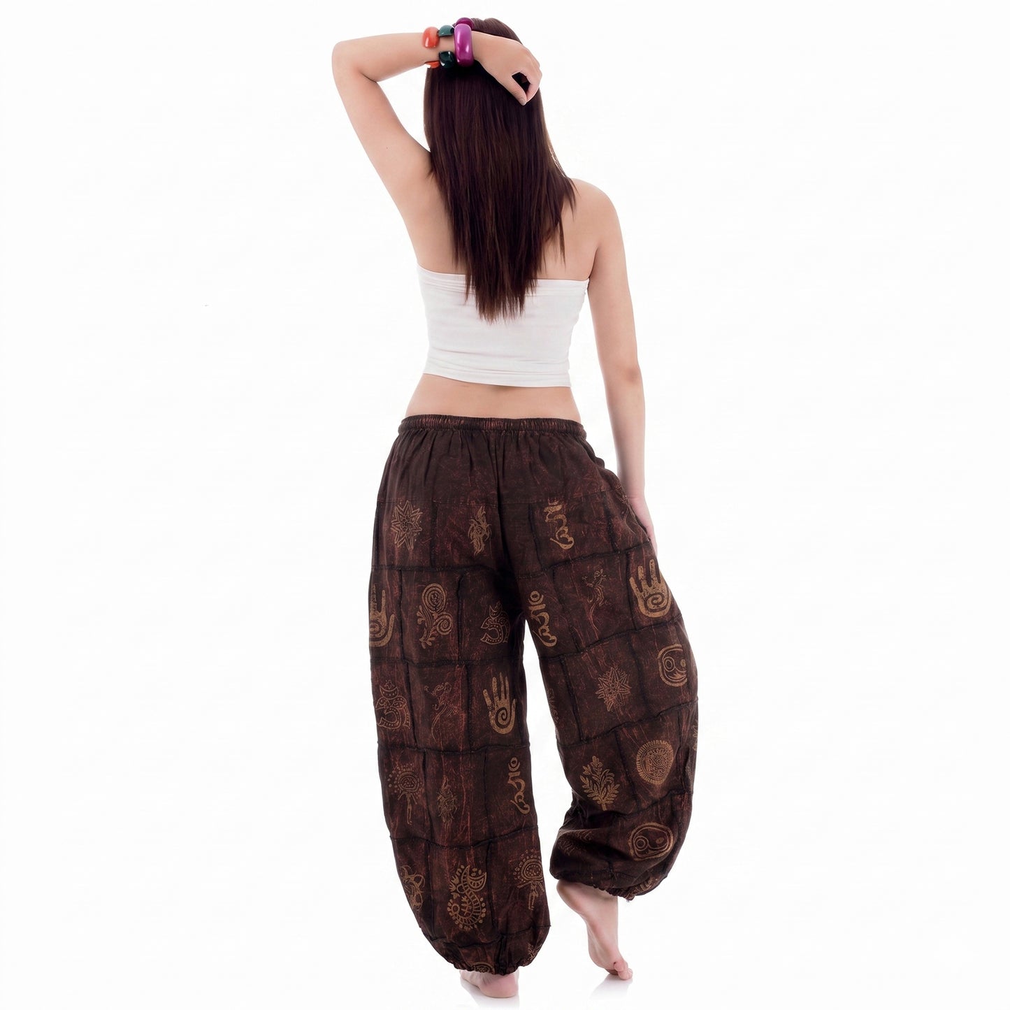 Women’s Brown Stonewashed Tribal Harmony Harem Pants