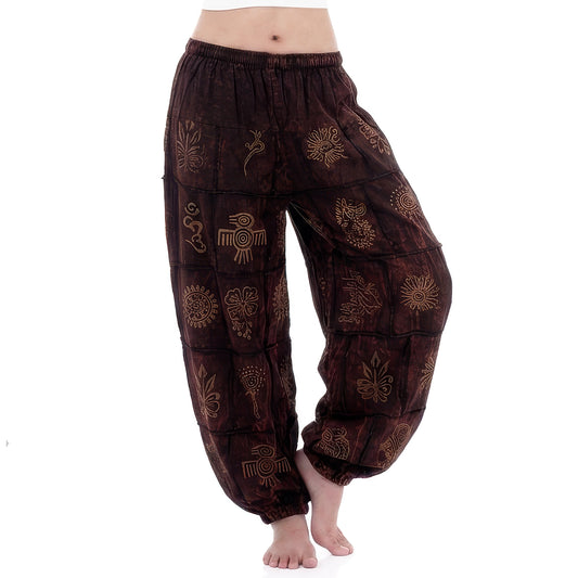 Women’s Brown Stonewashed Tribal Harmony Harem Pants