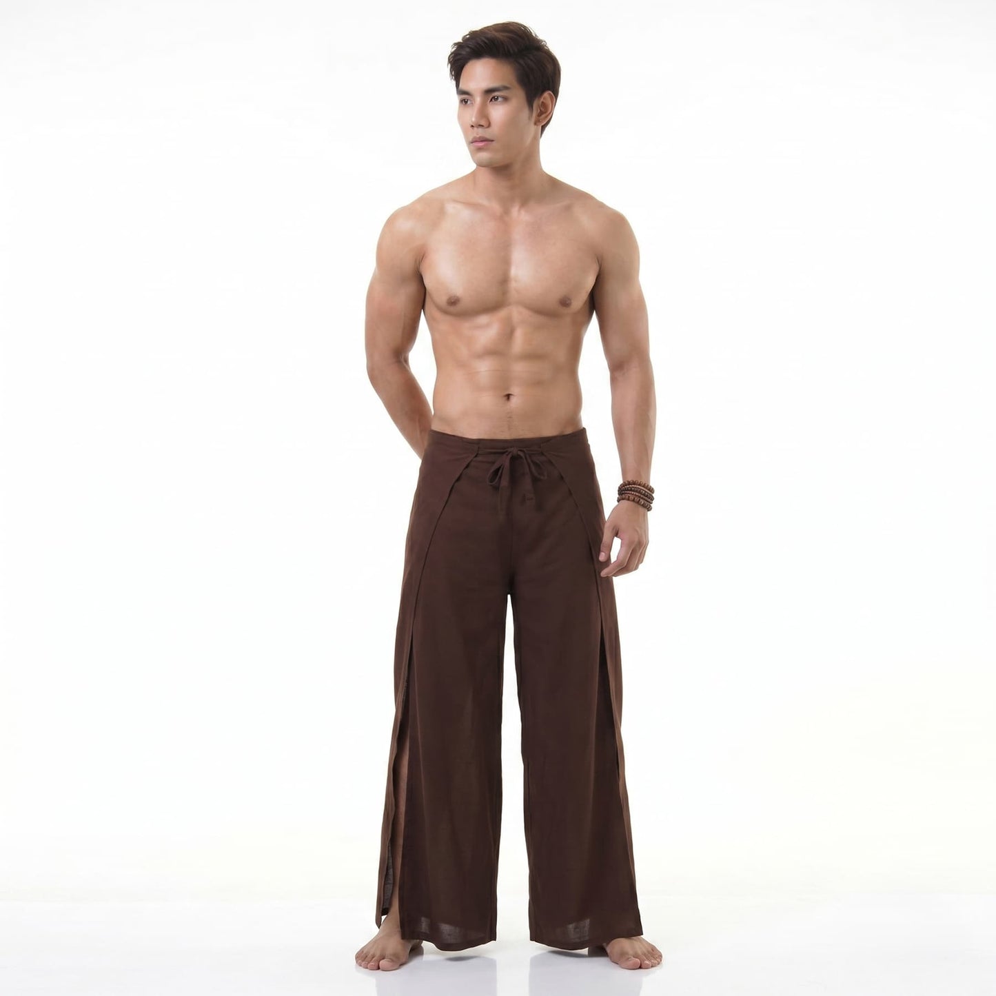 Front view of the sienna brown wrap pants for men, handcrafted under ethical conditions.