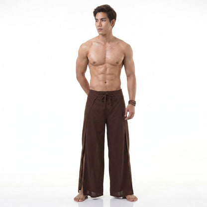 Front view of the sienna brown wrap pants for men, handcrafted under ethical conditions.