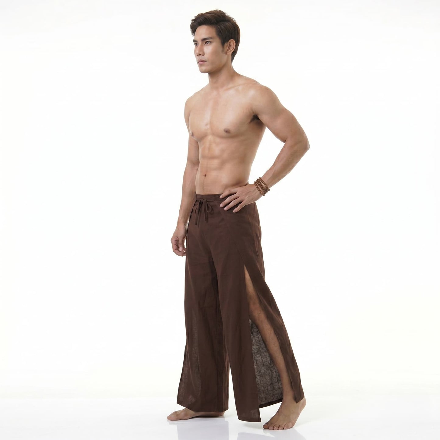 Side view of the sienna brown Men's wrap pants, displaying the traditional wide-leg design.