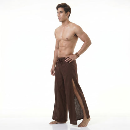 Side view of the sienna brown Men's wrap pants, displaying the traditional wide-leg design.