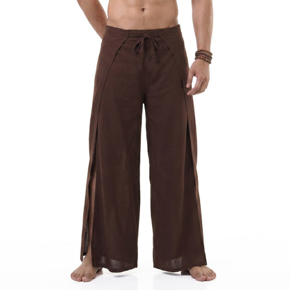 Close-up shot of the sienna brown Men's Thai wrap pants, showcasing the earthy tone of the bamboo rayon.