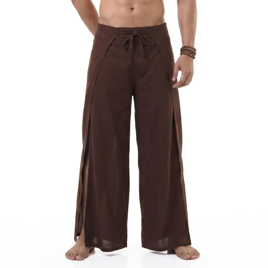 Close-up shot of the sienna brown Men's Thai wrap pants, showcasing the earthy tone of the bamboo rayon.
