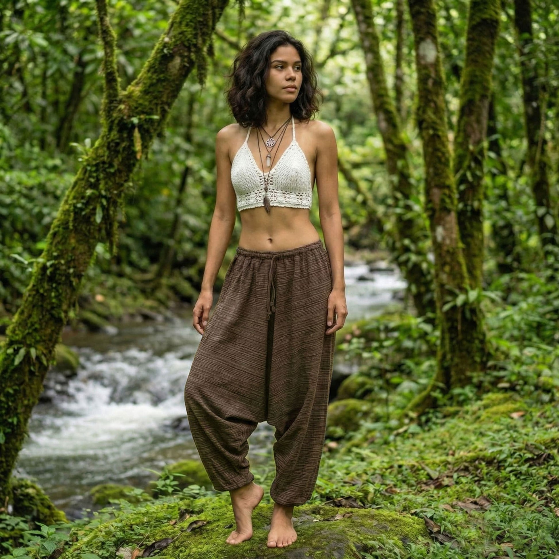 Woman in a white top and brown pinstripe thai harem pants standing in a lush green forest with a stream.
