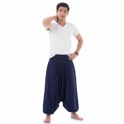 Front view of the Men's Drop Crotch Harem Pants Deep Sea Blue, a perfect choice for beachwear and travel.