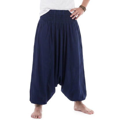 Close-up of the dark blue Men's drop crotch harem pants, highlighting the soft yet durable bamboo rayon weave.