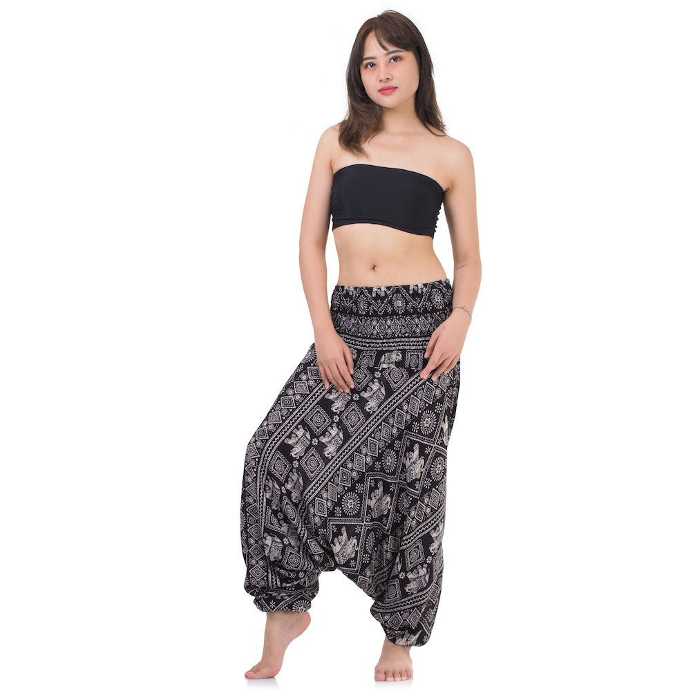 Front view black boho festival pants, handmade unique piece from Thailand.