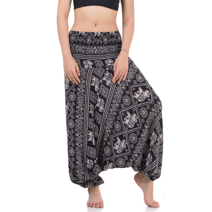 Close-up black 2-in-1 harem pants & jumpsuit with Thai Elephant pattern.