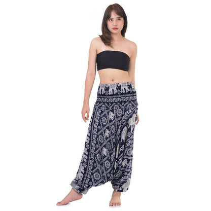 Front view blue boho festival pants, handmade unique piece from Thailand.