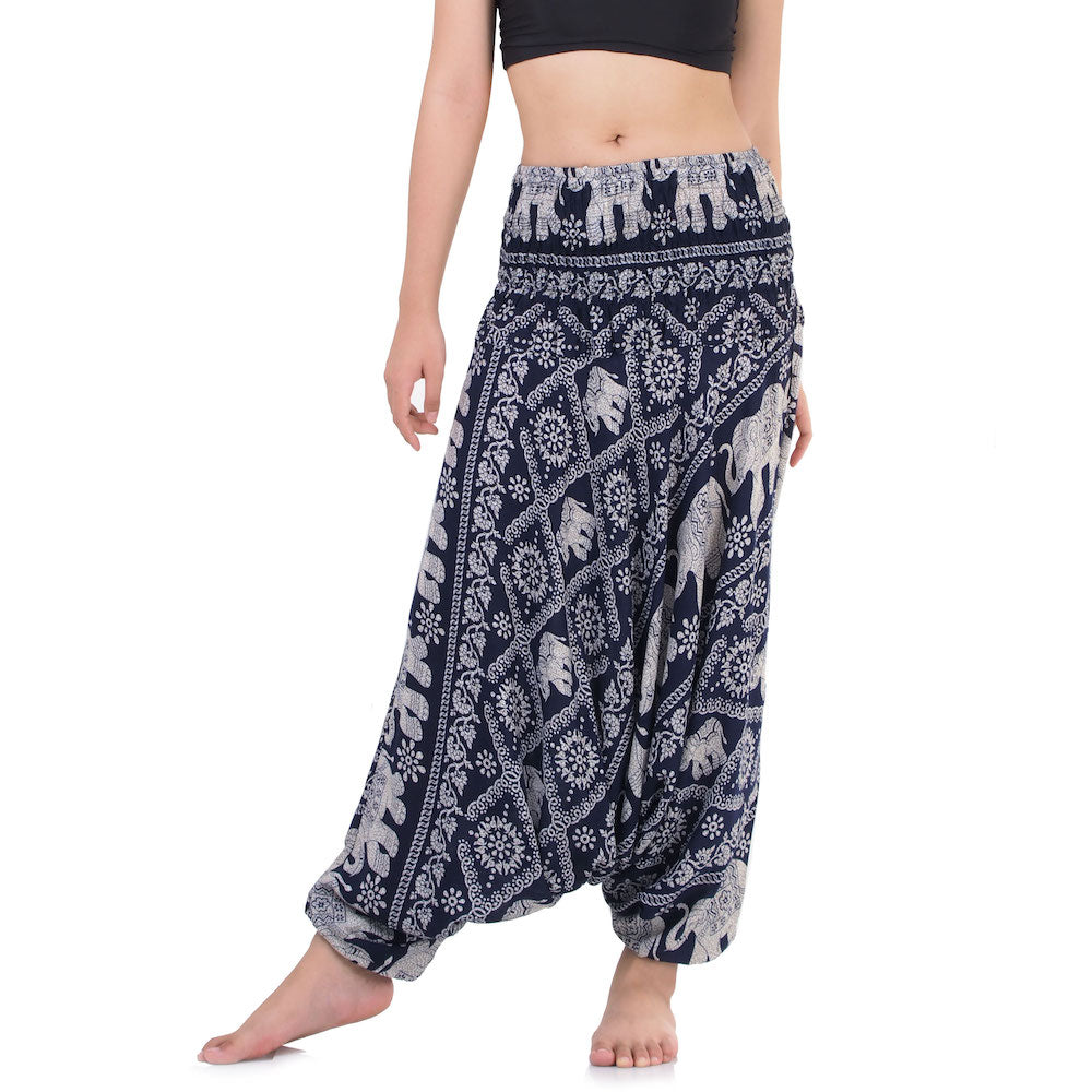 Close-up blue 2-in-1 harem pants & jumpsuit with Thai Elephant pattern.