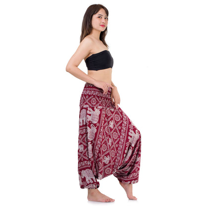 Side view of red 2-in-1 harem pants highlighting the versatile jumpsuit fit.