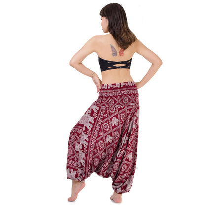 Back view of red boho festival pants, sustainable handmade fashion.