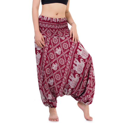 Detail of red tie dye 2-in-1 harem pants with Thai Elephant design.