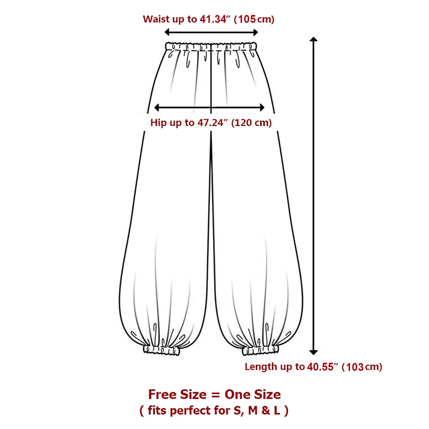Measurement chart for tribal harem pants with dimensions labeled in inches and centimeters.