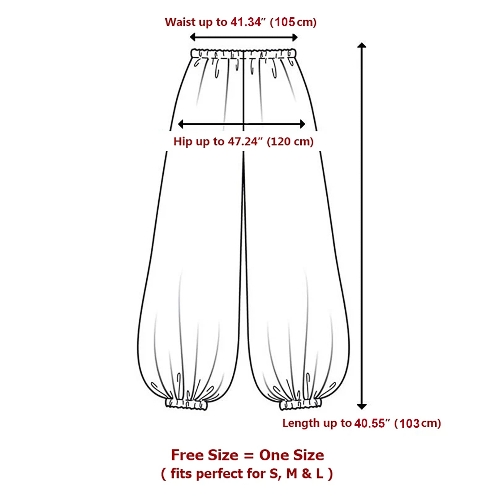 Measurement chart for tribal harem pants with dimensions labeled in inches and centimeters.
