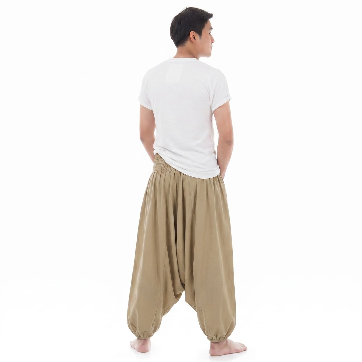 Back view of the Golden Sands Men's drop crotch harem pants, combining casual comfort with an ethnic look.