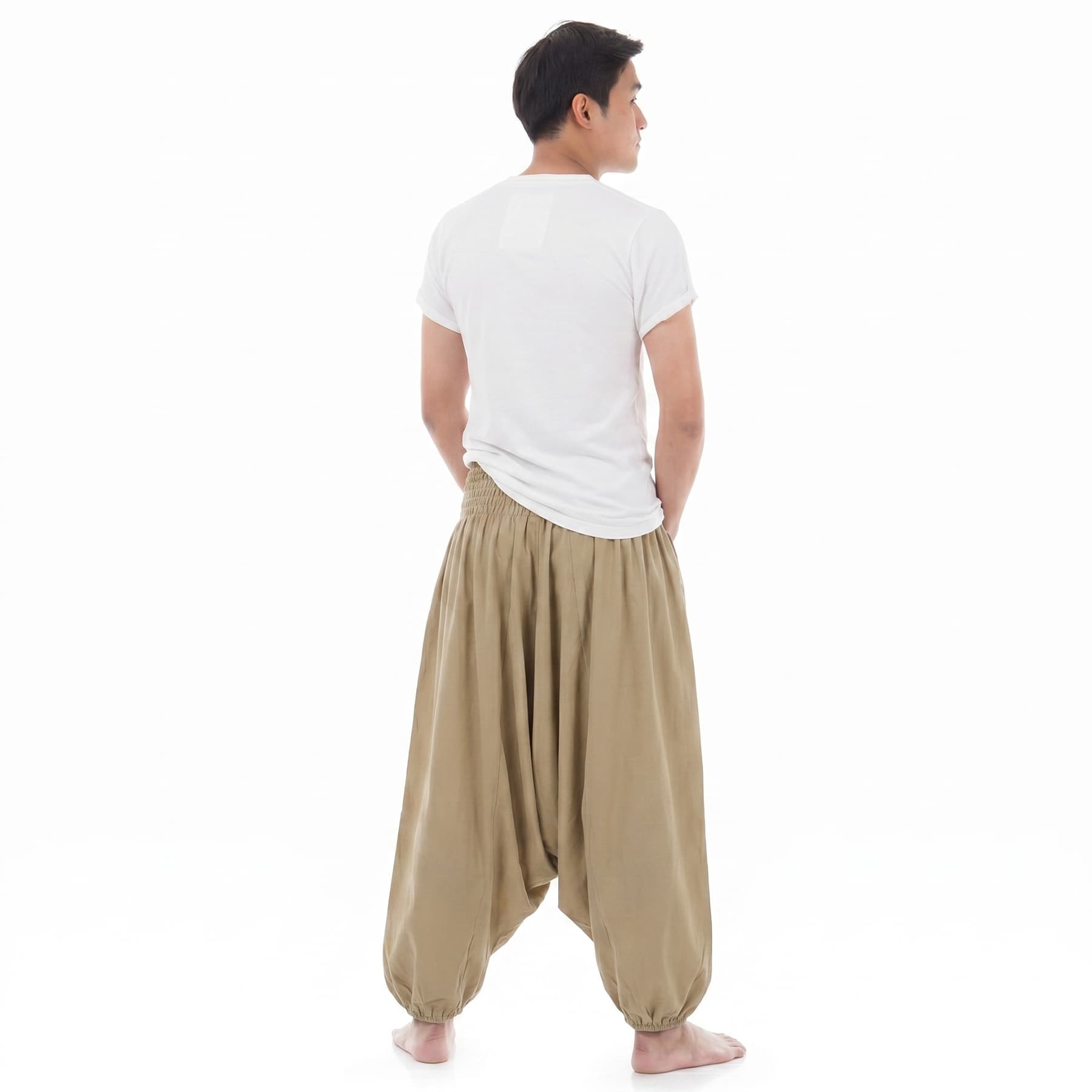 Back view of the Golden Sands Men's drop crotch harem pants, combining casual comfort with an ethnic look.