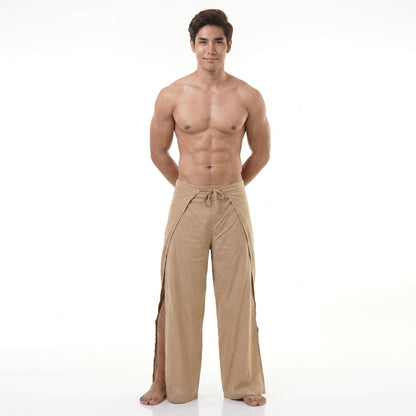 Front view of the sand-colored Thai Fisherman pants for men, ideal as versatile holiday wear.