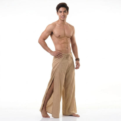 Side profile of the beige Men's wrap pants, displaying the practical wrap-around folding system.