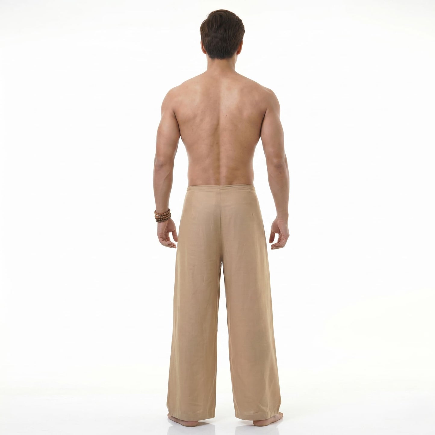 Rear view of the sand-colored Men's Thai wrap pants, showing the clean and simple design.