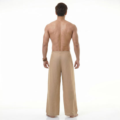 Rear view of the sand-colored Men's Thai wrap pants, showing the clean and simple design.