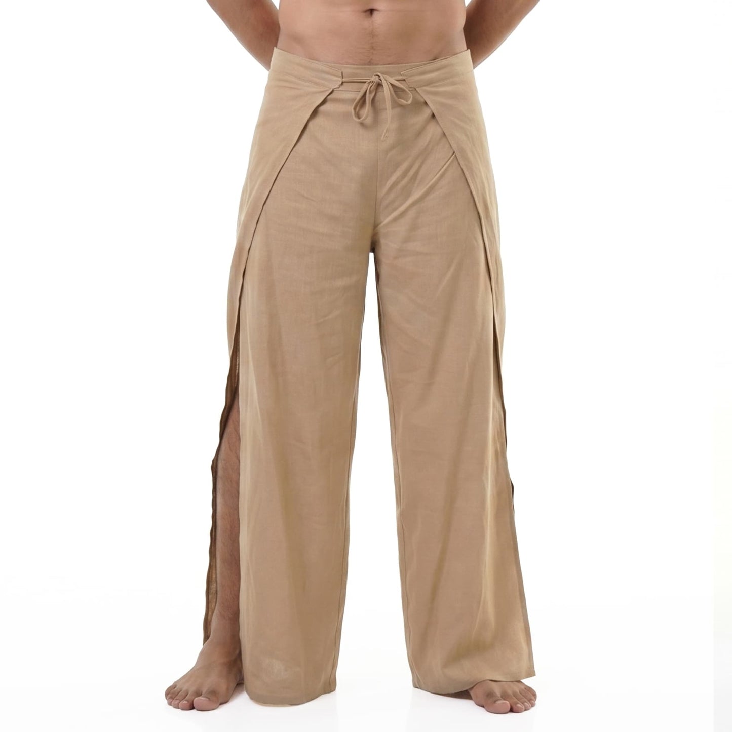 Close-up shot of the sand-colored Men's Thai wrap pants texture with natural artisan craftsmanship in bamboo rayon.
