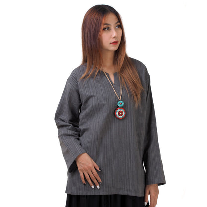 Thai Fisherman Damen Hemd Grau mit Nadelstreifen