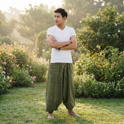 Man standing in a garden with arms crossed, wearing a white t-shirt and green Thai harem yoga pants.
