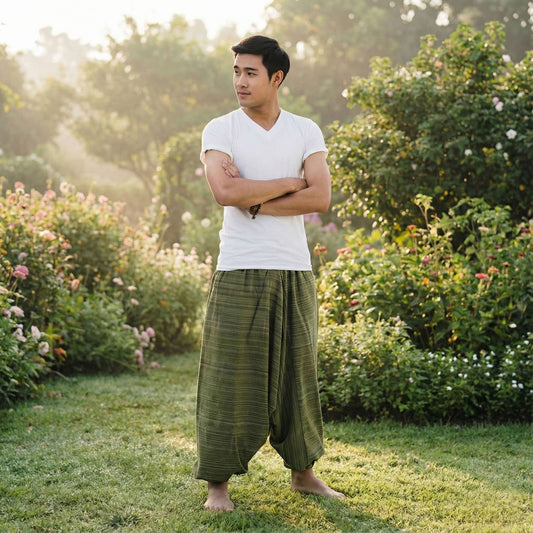Man standing in a garden with arms crossed, wearing a white t-shirt and green Thai harem yoga pants.
