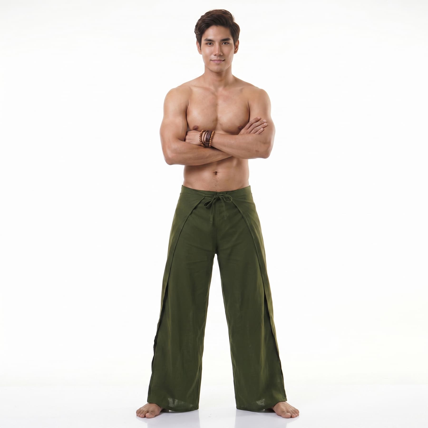 Front view of the green wrap pants for men, a perfect choice for beachwear and travel.