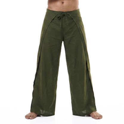 Close-up of the emerald green Men's Thai wrap pants, highlighting the soft yet durable bamboo rayon weave.