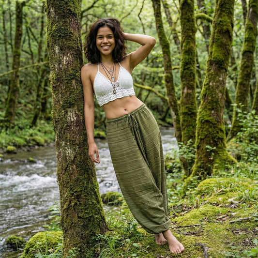 Woman in a white top and green pinstripe thai harem pants standing in a forest by a stream