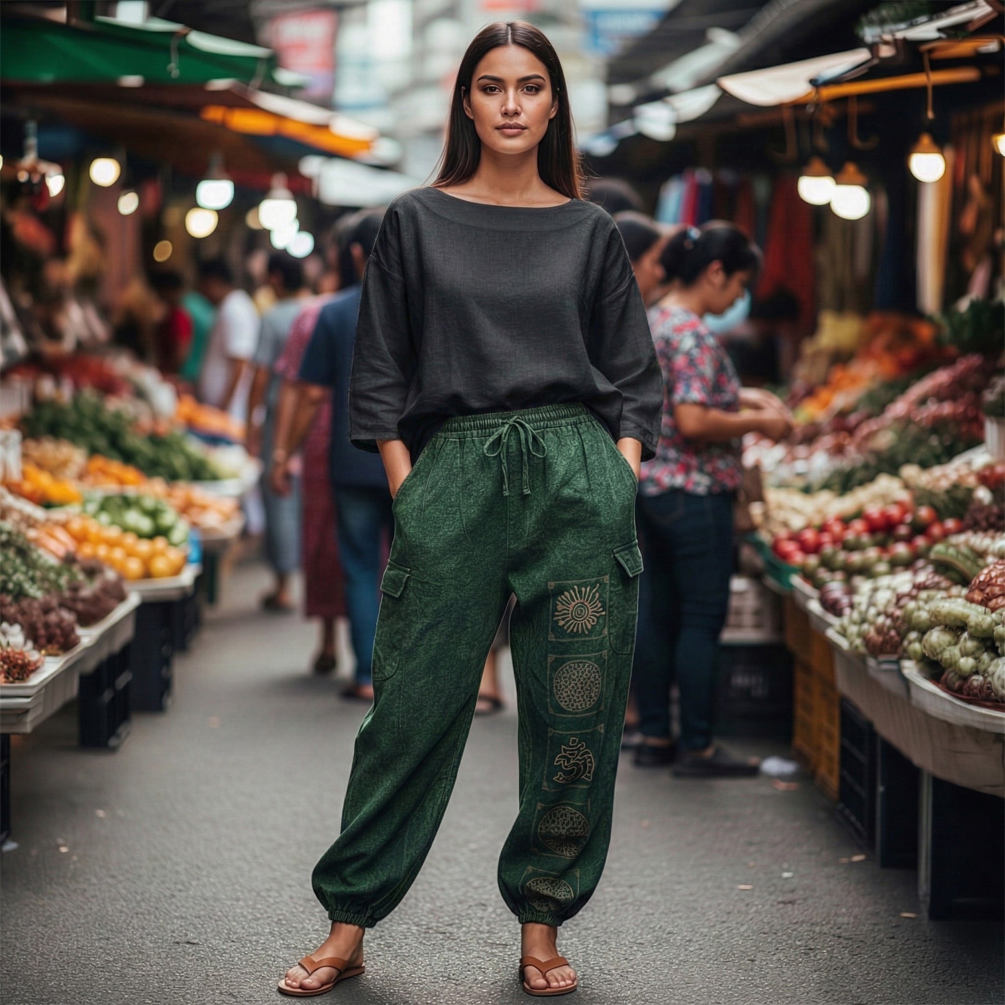 Woman wearing green harem pants standing in a market with produce stalls around her