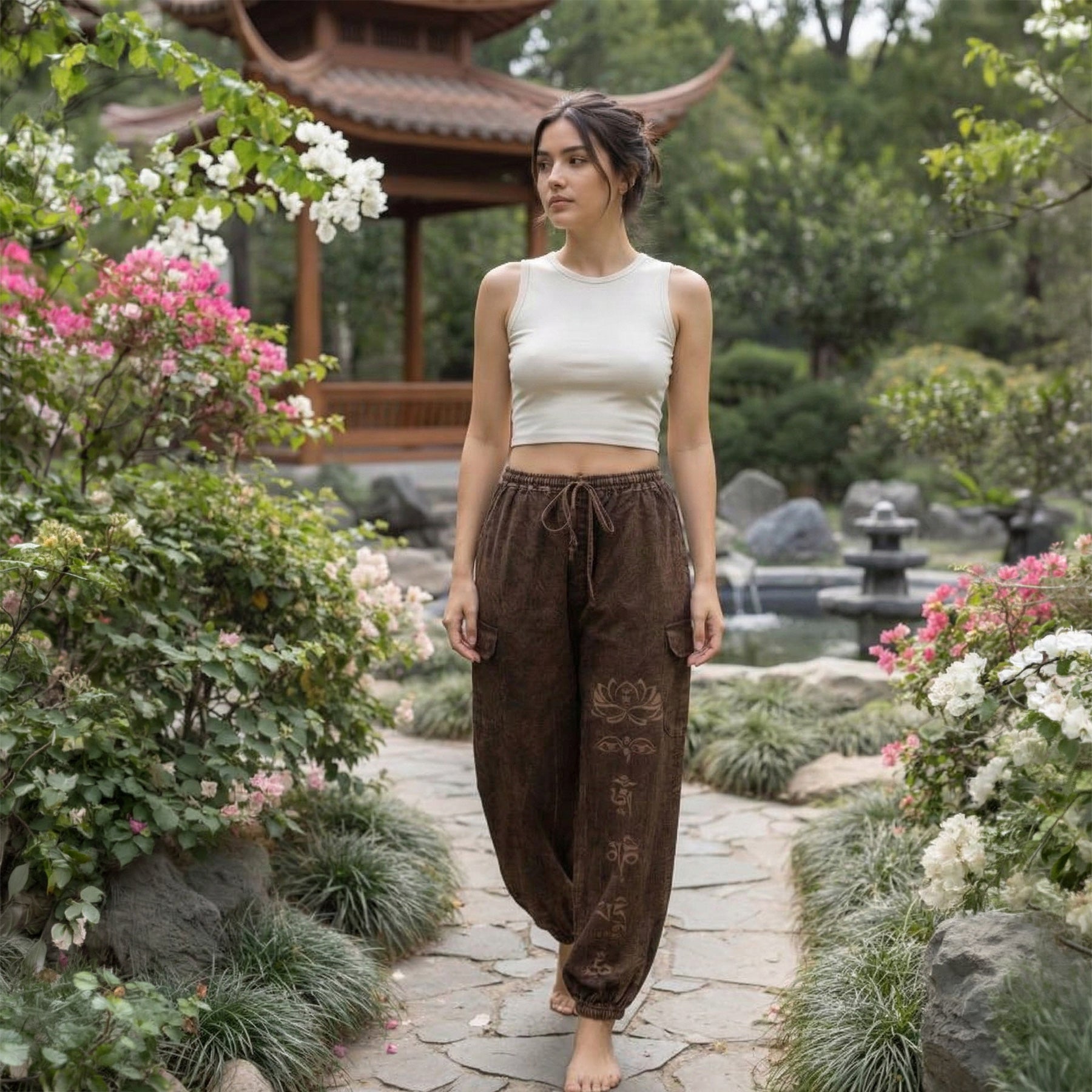 Woman wearing brown festival boho harem walking through a garden with a pagoda in the background
