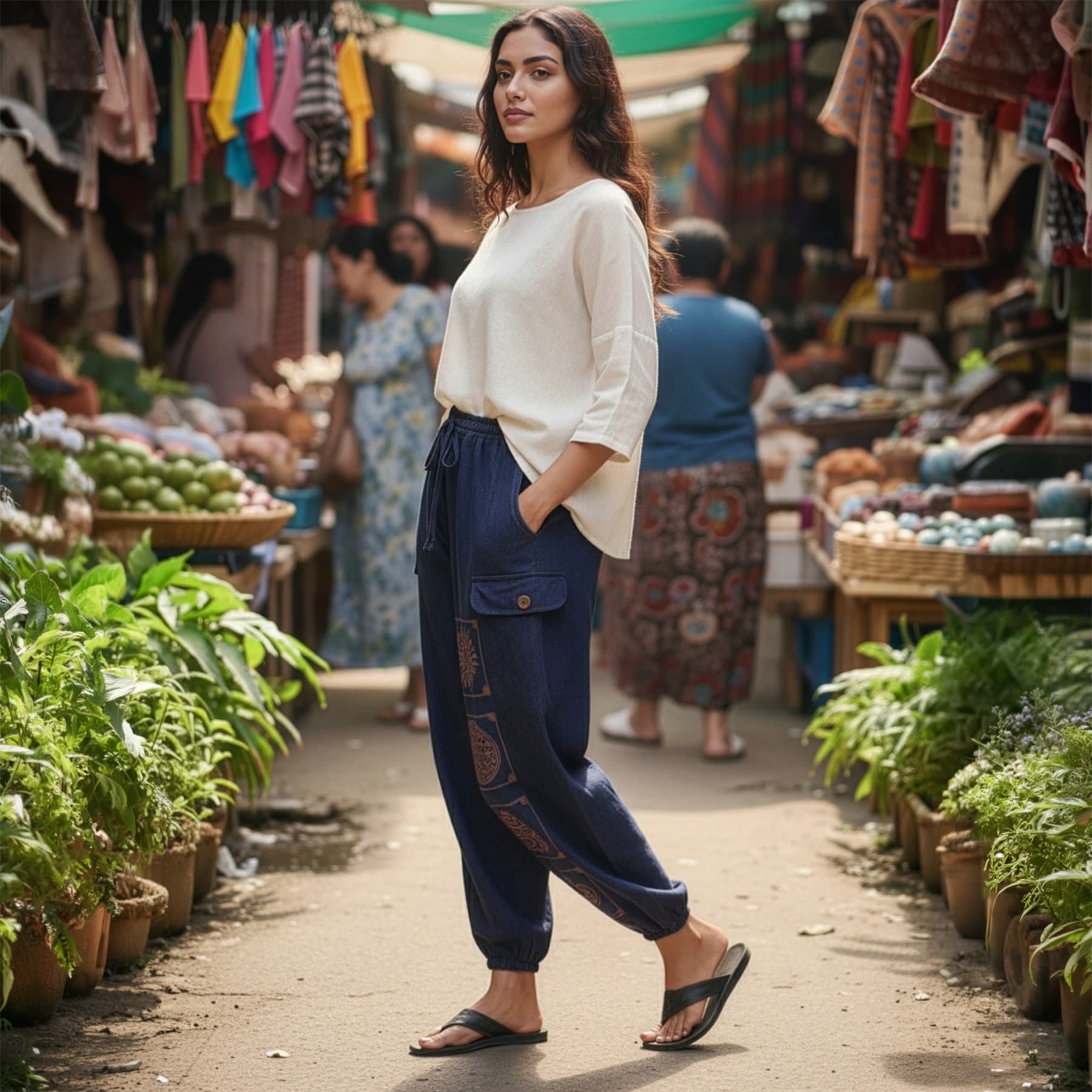 Woman walking through a bustling market with stalls and plants wearing blue thai harem pants and beige blouse