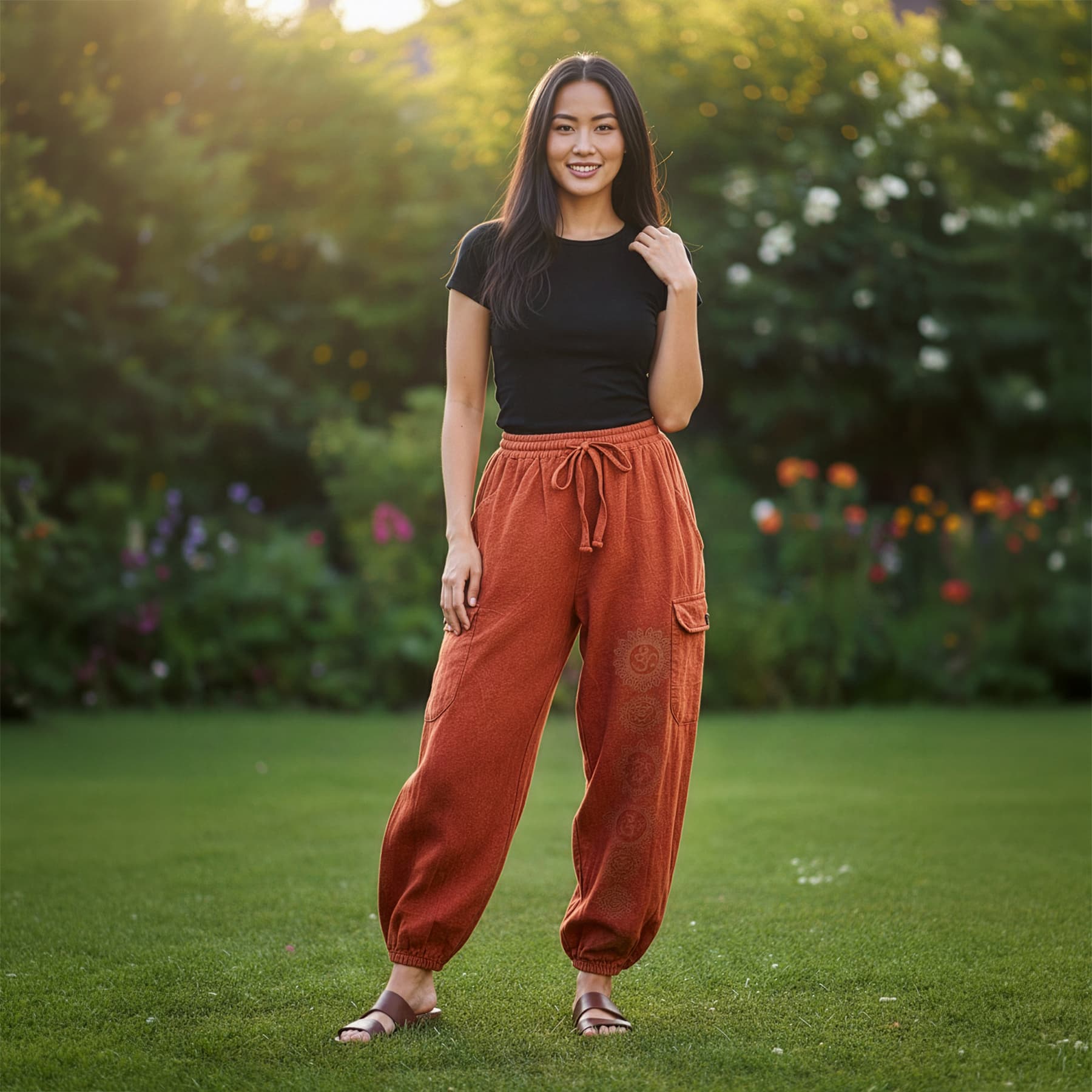 Woman wearing a black top and rust-colored festival harem pants standing in a garden.