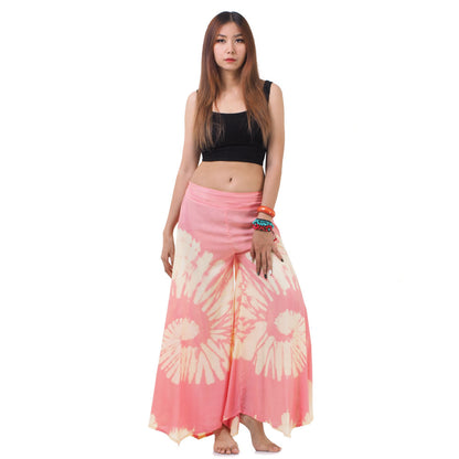 Front view of a female model wearing the Radiant Red Hippie Tie Dye Palazzo Pants, designed with an elastic waist for easy wear.