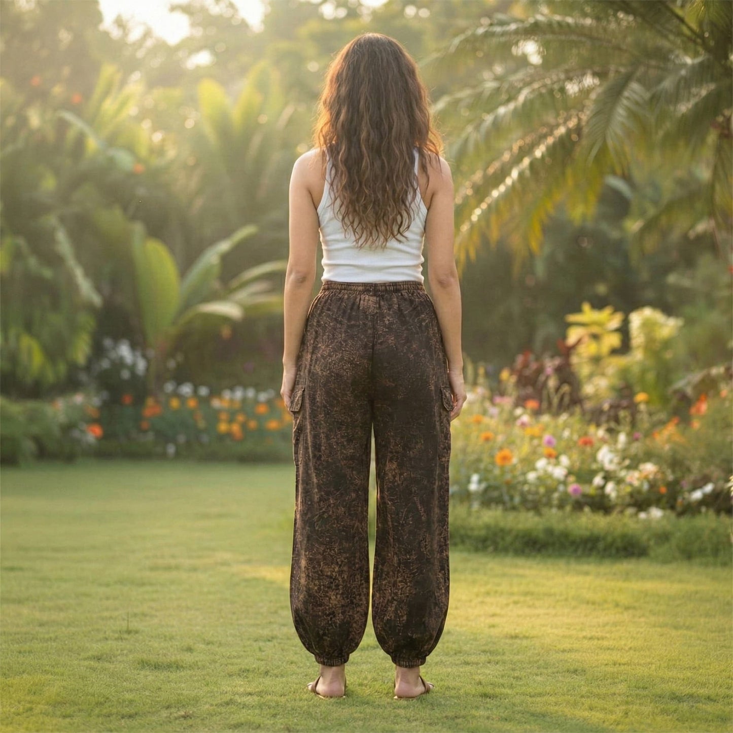 Back view of brown boho stonewashed lotus harem pants showing the comfortable fit and ankle cuffs.