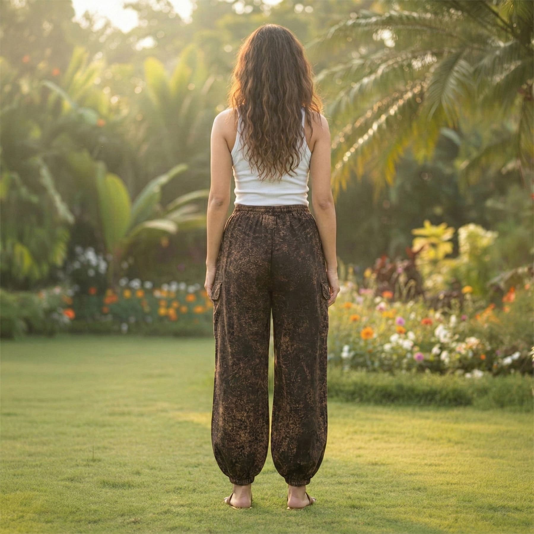 Back view of brown boho stonewashed lotus harem pants showing the comfortable fit and ankle cuffs.