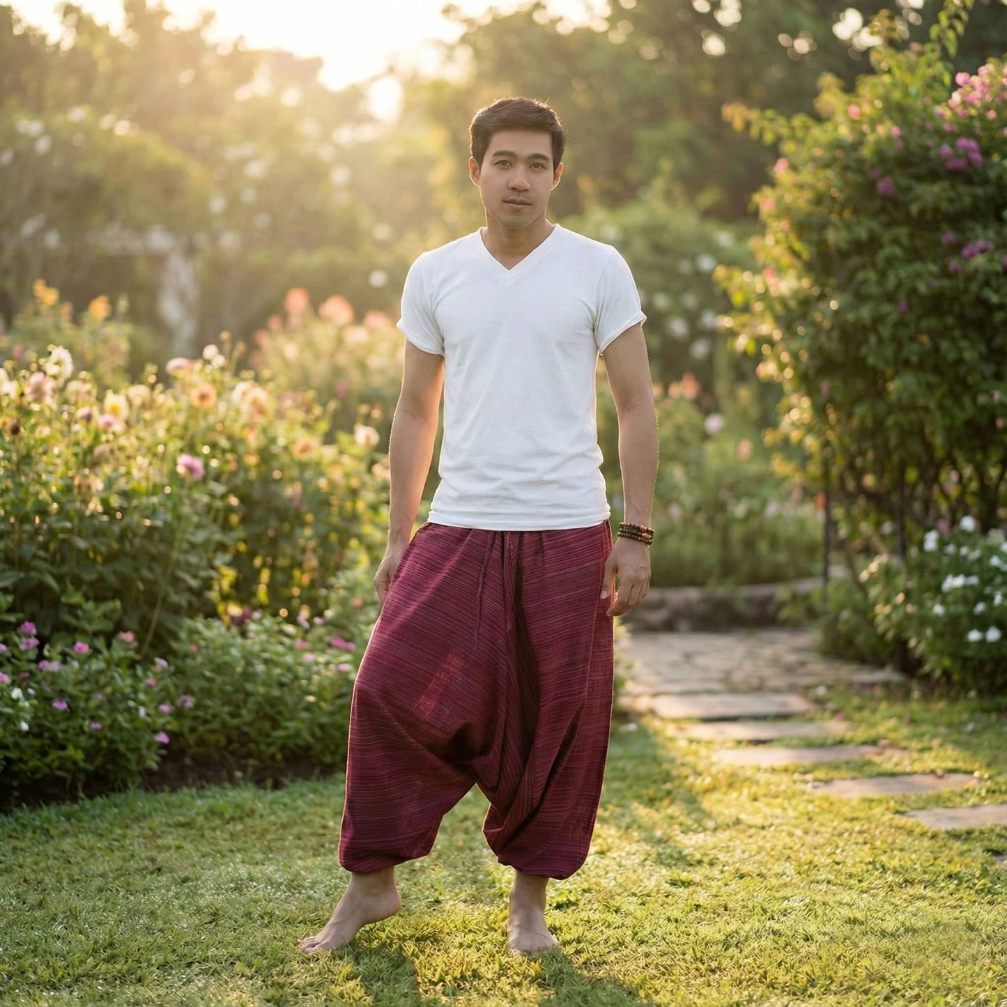Man wearing a white t-shirt and maroon Thai harem yoga pants standing in a garden with flowers and greenery.
