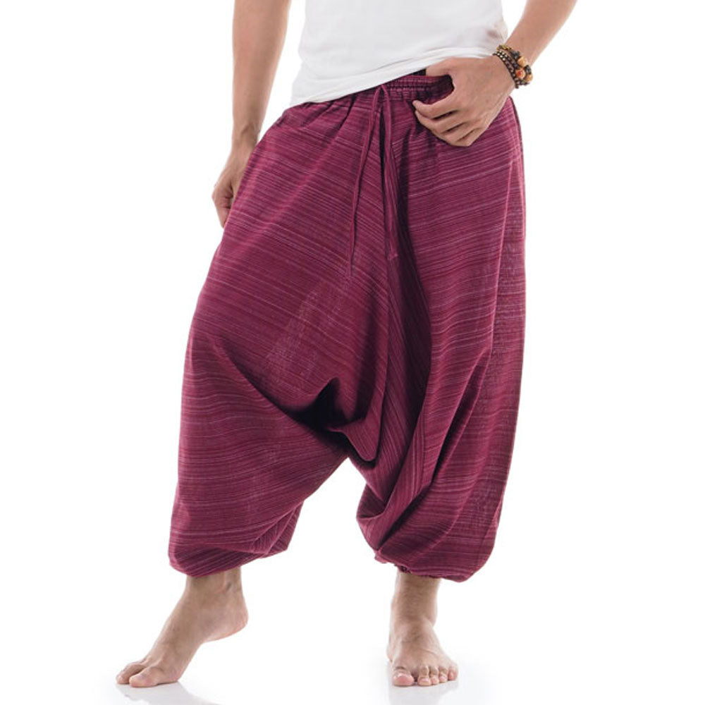 Close-up of a maroon men pinstripe drop crotch Thai harem pants