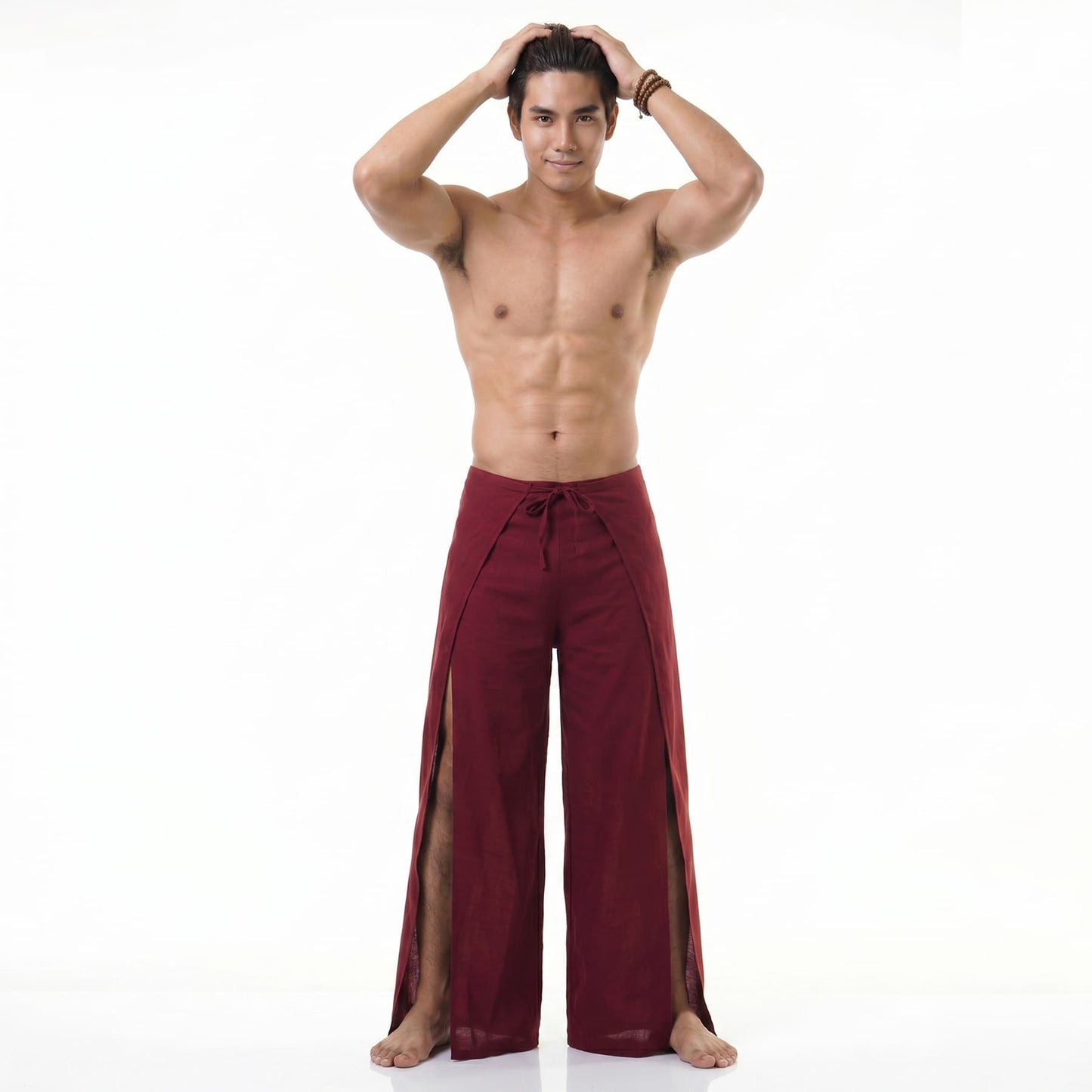Front view of the maroon Thai Fisherman pants for men, featuring a customized adjustable tie waist.
