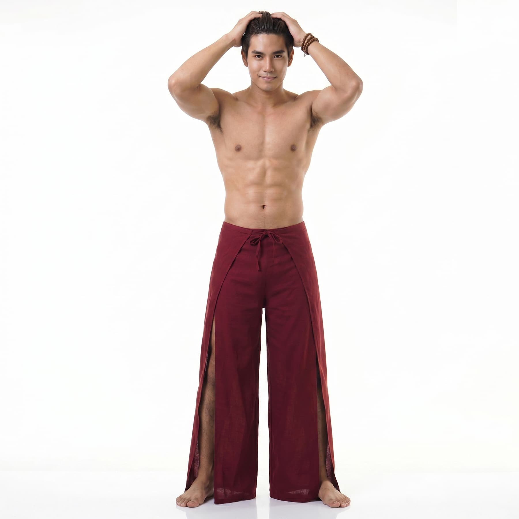 Front view of the maroon Thai Fisherman pants for men, featuring a customized adjustable tie waist.