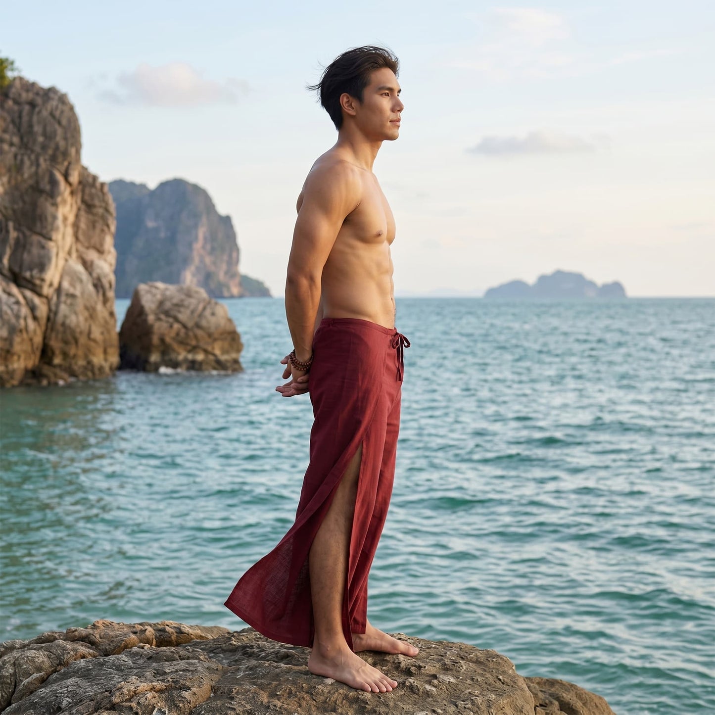 Male model on rocky shores wearing deep maroon Men's Thai wrap pants under the blue sky.