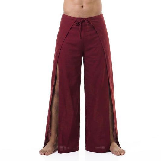 Detailed close-up of the maroon red Men's Thai wrap pants fabric, handmade from premium vegan rayon.