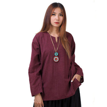 Thai Fisherman Damen Hemd Weinrot mit Nadelstreifen